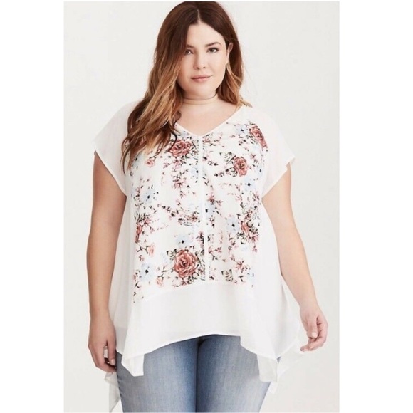 Torrid White Floral Sheer Back Hanky Hem Blouse - Picture 1 of 12